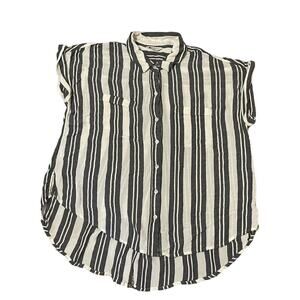 Lucky Brand Womens Split Back Blouse Large Striped Button Front Loose Fit Collar